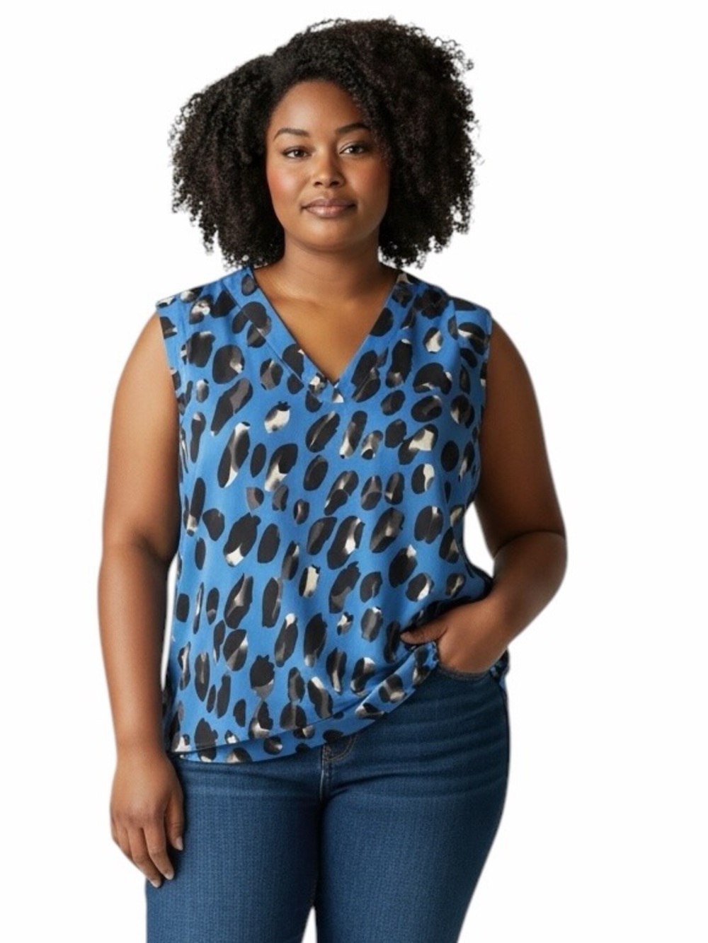Covington•Blue Leopard Print V Neck Sleeveless Blouse